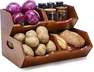 HYPIGO Wood Pantry Storage Baskets, Stackable Large Capacity Potato and Onion Storage Bins, Kitchen Pantry Organizers for Vegetables, Bread, Spices (Set of 3)