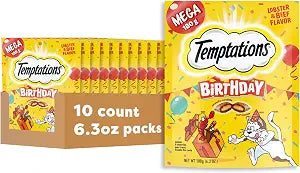 Temptations Birthday Cat Treats, Crunchy and Soft Cat Treats, Lobster & Beef Flavor, 6.3 oz. Pouch (Pack of 10)