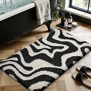 LUMI Non Slip Bathroom Rug Modern Aesthetic, Ultra Soft Absorbent Washable Bath Mats, Quick Dry Premium Floor Rugs for Shower, Tub, Black and White, 24x43