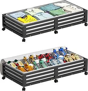 Wisuce Bamboo Under Bed Storage Containers- Underbed Organizer with Wheels with Dust Bag,Sturdy Wood Rolling Under the Bed Shoe Storage Organizer Drawers (Black, 2 Pack (33.07"16.54"))
