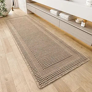 AMOAMI Waffle Bath-Mat, Absorbent Bath Mats for Bathroom Non Slip, Machine Washable Bathroom Rugs with Tassels Ultra Soft Boho Bath Rugs for Floor 2'x6'(24"x72") Beige