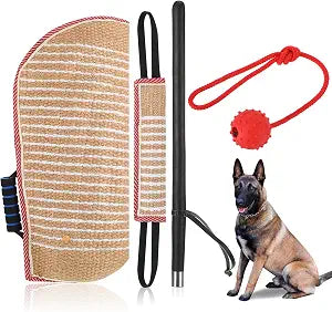 Leyndo 4 Pcs Dog Training Set Include Dog Sleeve Pillow Tug Toy Training Stick and Rubber Ball Professional Equipment for Biting Interactive Fetch K9 Puppy(Red)
