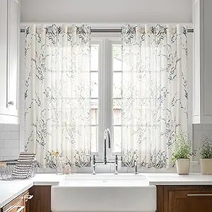 MYSKY HOME Flax Linen Sheer Curtains 45 Inch Length Floral Decorative Window Treatment Draperies Privacy with Light Through for Kitchen/Nursery/Bathroom, 50" Wide, Navy Blue, 2 Panels