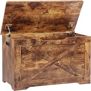 Timberer Storage Chest, Wooden Storage Bench, Entryway Shoes Bench with 2 Safety Hinges, Retro Storage Trunk for Living Room, Bedroom, 15.7 x 31.5 x 18.9 Inches, Rustic Brown