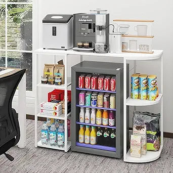 PUNCIA Mini Fridge Stand with Power Outlet, Coffee Bar Cabinet with Refrigerator Space, Microwave Oven Stand & Utility Storage Shelf for Kitchen, Dorm, Apartment & Break Room (White)