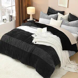 Litanika Fluffy Fleece King Comforter Set, 3 Pcs Black White Stripe Bed Set