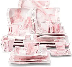 MALACASA Dinnerware Sets, 30-Piece Pink Plates and Bowls Sets for 6, Porcelain Dinnerware Set with Plates and Bowls, Cups and Sacuers, Square Dish Set, Modern Dining Ware Set, Series Flora
