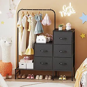 COTUBLR Dresser for Bedroom with Hanging Rack, 5 Drawers Dresser with Clothes Rack, Fabric Dressers & Chest of Drawers with PU Finish Storage Organizer, for Living Room Closet, Black