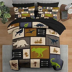 Pamnest Comforter Set Twin Size, Dino Animal 5 Pcs Bedding for Kids and Adults, Cute Dinosaur Bed Sheet Sets with Fitted Sheet Pillowcase & Sham for Bedroom Bed Decor