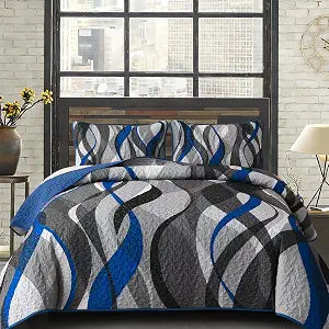 Anibedding Classic Line Quilt Set Queen Size, Grey and Blue Queen Quilt with 2 Pillowshams, Stripe Quilt Bedding Set 3PCs Soft Lightweight Microfiber Bedspread Coverlet Set for All Season, 96"x90" | Breathable