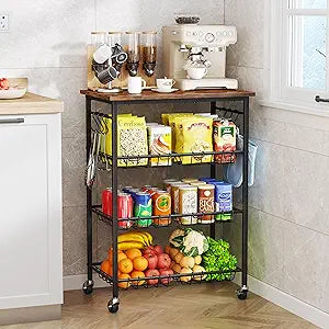SWTYMIKI 24.4''x15.7'' Rolling Microwave Cart - 4 Tier Microwave Table Stand with 6 Storage Baskets, Coffee Bar with Wheels, Kitchen Utility Cart Shelf Rack Organizer for Vegetables, Potato, Brown
