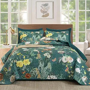 Anibedding Floral Quilt Set King Size, 3Pieces Green Microfiber Lightweight Besspread for Bedroom Living Room All Season Use