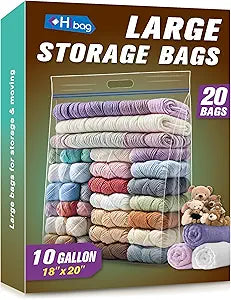 HIBAG 10 Gallon Large Storage Bags, 18 x 20 Resealable Clear Bags with Handle, Extra Large XL Heavy Duty for Clothes Pillow Travel Moving, Pack of 20
