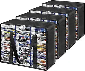 DVD Storage Bags 4 Pack - DVD Organizer with Handles & Zipper, Clear Media Holder Box for CD, Blu-ray Discs, Video Games, VHS - Each Bag Holds 70 DVDs, Total 280 Disc Capacity