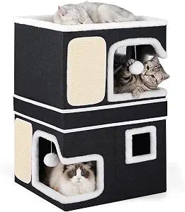 Double Cat Beds for Indoor Cats, 2-Storey Cat House with Large Cozy Hideaways, Dual Purpose Cat Cave Cube with Scratch Pads, Fluffy Balls, Foldable Indoor Cat Houses for Multi Small Pets Kitten, Black
