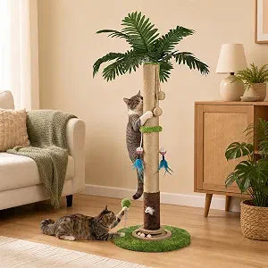 Cat Scratching Post, 35 Inch Tall Sisal Rope Cat Scratcher Tree, Scratching Posts for Indoor Cats Adults with Interactive Cat Toy, Mouse Hole & Ball Track for Kittens Adults Cats