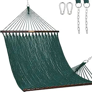 Lazy Daze Hammocks 10.5 FT Double 2 Person Caribbean Rope Hammock, Hand Woven Polyester Hammock with Spreader Bars, for Outside Outdoor Backyard Patio Poolside, 450 LBS Capacity, Green