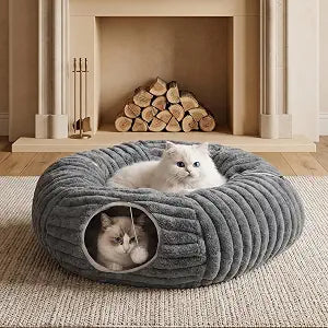 Cat Tunnel Bed Cave - Soft Washable Cushion for Indoor Cats, Peekaboo Hideaway Cave for Indoor Cats, Kittens, Puppies, Rabbits, Luxurious Striped Hare-Feel Fabric, Tunnels for Indoor Cats Large