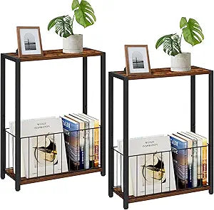 Homleke Narrow Side Tables Set of 2 with Magazine Holder, Skinny End Tables Perfect for Small Spaces, Space-Saving Design for Living Room, Bedroom, or Office, 7.1" D x 16.9" W x 23.6" H, Rustic Brown