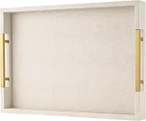 Beige Faux Leather Serving Tray with Handles  Large Decorative Tray for Coffee Table, Ottoman, Living Room, Bathroom  Home Decor