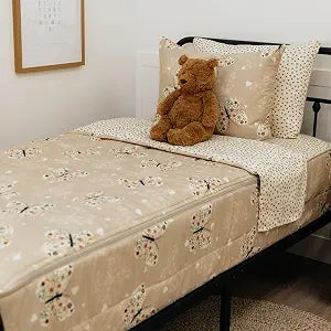 Beddy's Butterfly Themed Durable Zipper Bedding for Kids - Bed in a Bag - Beige Sheets & Comforter with Butterflies, Hearts & Floral Design - Includes Pillowcase & Sham - Easy to Make & Wash - Twin