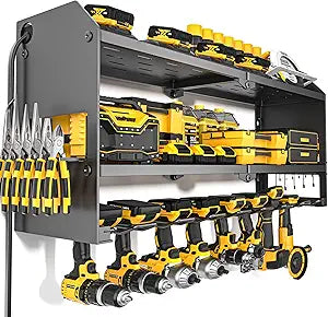 YYR Power Tool Organizer with Charging Station Wall Mount, Cordless Drill and Battery Holder for Garage Organization, Electric Tools Storage Rack Build in Surge Protection Power Strip - Black Shelf