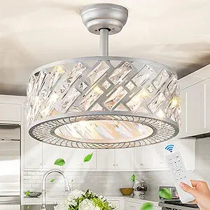 CATINER 18.5" Crystal Caged Bladeless Ceiling Fan with Light, Remote Control, Silent 6-Speed Reversible Motor  Modern Enclosed Ceiling Fan for Bedroom, Kitchen, Living Room (Silver)