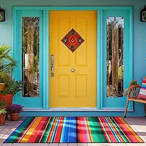 Tinideya 4' x 6' Mexican Outdoor Rug Plastic Straw Front Doormat Mat Patio Deck Mat Waterproof Outdoor Rug Outside Indoor Garden Lawn Balcony Porch Holiday Decor(Striped, Rainbow)