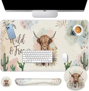 Arttown Keyboard Mouse Pad Set, 4 in 1 Desk Mat Set Cow Boho