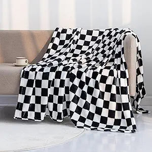 LOMAO Throw Blankets Flannel Blanket with Checkerboard Grid Pattern Soft Throw Blanket for Couch, Bed, Sofa Luxurious Warm and Cozy for All Seasons (Black, 90"x110")