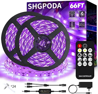 66 Foot Black Light Strip & Remote, 1200LEDs, Dimmable, 3 Lighting Modes