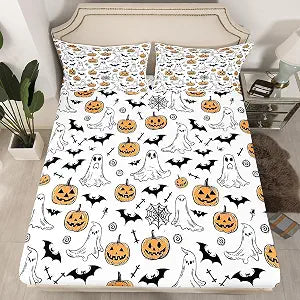 Feelyou Halloween Fitted Sheet Twin Size Ghosts Bedding Set for Boys Girls Teens Spiders Bed Sheet Set Pumpkin Bed Cover Room Decor White