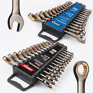 DISEN 26 Piece Ratcheting Wrenches Set 90 Teeth, Combination Wrenches Set Metric 6MM-19MM and SAE 1/4 Inch-13/16 Inch, Cr-V Steel, Ratchet Set Nickel Plating with Organizer Visit the Store