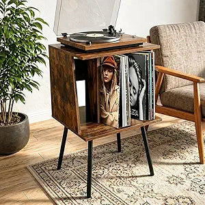 Record Player Table, Vinyl Record Stand, Vinyl Record Holder with Legs, Mid Century Modern Side Table for Record, Magazine, Books