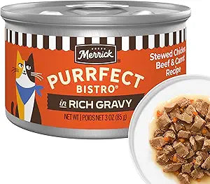 Merrick Purrfect Bistro Stewed Chicken, Beef and Carrot Recipe Natural Wet Cat Food in Gravy, Delicious Premium High Protein Cat Food - (Pack of 24) 3 oz. Cans