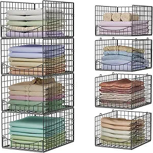 Hongtamoya 4-Tier Stackable Closet Organizers and Storage Shelves, Clothes Storage Basket, Clothes Shelf Organizer Sweater Organizer Bins Container for Wardrobe Kitchen Bathroom Office, Black