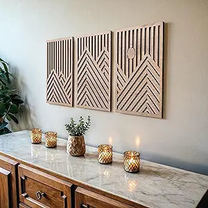 qmmp Modern Wooden Wall Sculptures - Set of 3 - Home Decor Accent - Large Wall Art for Living Room, Bedroom, Office - Easy Installation (Oak, Medium - Mountain and Sun)