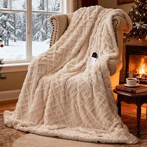 SnugLife Heated Blanket Electric Throw with 6 Fast Heating Levels,4 Hours Auto-OffUltra Coza & Warm 50x60 Faux Rabbit Fur Electric Blanket with Overheating Protection,ETL Certification(Cream)