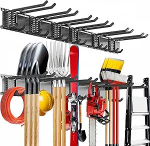 Garage Tool Organizer Wall Mount, 48inch Heavy-Duty Garage Storage System and Garden Tool Organizer with 6 Adjustable Double Hooks for Shovel, Snowboard, Yard Tools and Shed