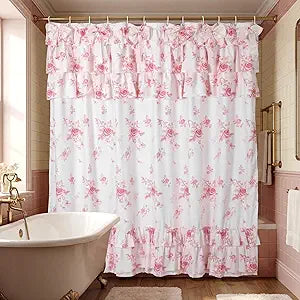 Pink Floral Ruffle Shower Curtain with Bows Vintage Pink Flower Print Bathroom Curtain with 12 Buttonholes Layered Farmhouse Rustic Bath Decor for Spring Bathroom Dorm 72x72 Inch