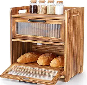 Bread Box for Kitchen Countertop, Large Wooden Breadbox with Cutting Board, Double Layer Bread Storage Container for Homemade Bread with Handles, Acrylic Window and Air Vents Keep Bread Fresh (Brown)
