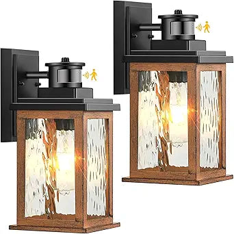 VIANIS 2 Packs Dusk to Dawn Outdoor Lighting for House, Wood Grain Motion Sensor Outdoor Lights Fixture, Garage Light Sconce Wall Mount, Lantern with Waterproof, Anti-Rust 100%, Weather Resistant