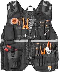 Electrician Tool Vest for Men, Reflective Safety Work Vest with Adjustable Thick Straps, Removable Phone Holder for Electrical, Carpenters, Construction, 22 Pockets