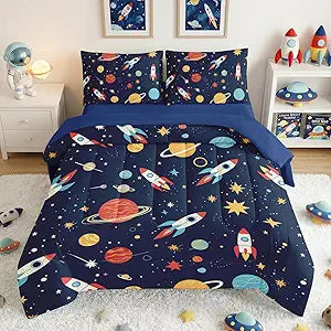 Boys Twin Size Space Bedding Set - 5 Piece Rocket & Galaxy Comforter with Deep-Pocket Sheet, Whole-Piece Filling, Machine Washable Bed-in-a-Bag for Kids' Room Makeover & Gifts