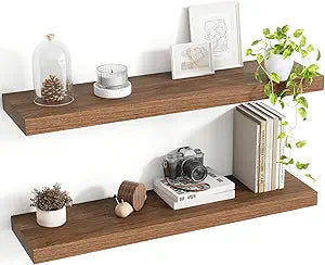 Acovy 30 Inch Floating Shelves, 8 Inch Deep Floating Shelves for Wall, Hanging Shelf with Invisible Brackets, Deep Shelves for Bathroom, Bedroom, Living Room, Walnut, Set of 2