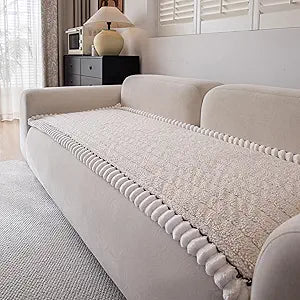 DREAMINGO Non Slip Couch Cover for Dogs Fuzzy Pet Sofa Covers Washable Thick Plush Sofa Slipcover Striped Texture Beige Cushion Protector Dog Cat Bed Mat 27.6x82.7 Inch