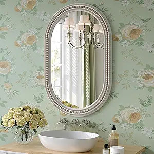 Farmhouse Oval Bathroom Boho Wall Mirror, 20" x 30" Antique Oval Bathroom Mirrors Over Sink, Wooden Wall Mirror for Bedroom, Living Room, Hallway, Vertical or Horizontal Hanging
