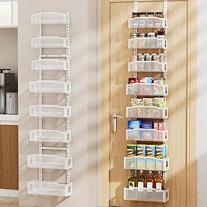 Delamu 8 Tier Over the Door Pantry Organizer, 2in1 Hanging or Wall Mount Spice Rack Seasoning, Adjustable Heavy-Duty Narrow Pantry Door Organizer and Storage for Kitchen Cabinet and Bathroom,12" White