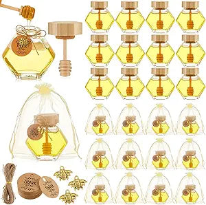 Pickmesh 24 Pcs Hexagonal Glass Honey Jars with Spoon, 3.38 oz Honey Dispenser with Wooden Spoon Bee Charm Thank You Card Organza Bag Mini glass Jars for Baby Shower Wedding Party Favor Decorations