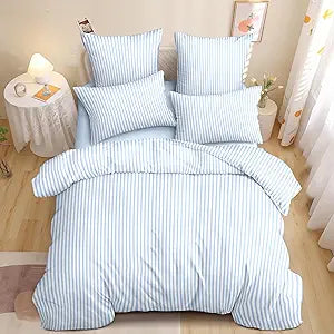 Sedefen Striped Comforter Queen Size Blue Stripe On White Comforter 3 Pieces Kids Boys Girls Geometric Stripes Soft Warm Reversible Room Decor Bedding Set with 2 Pillowcases